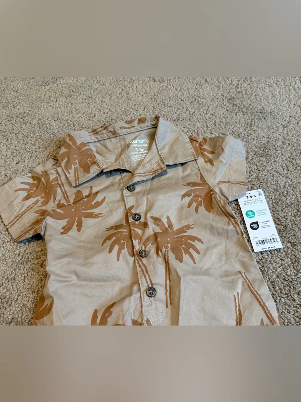 Carter's Boys 3-6 M Palm Tree Brown Short Sleeve Romper Button One-Piece NWT